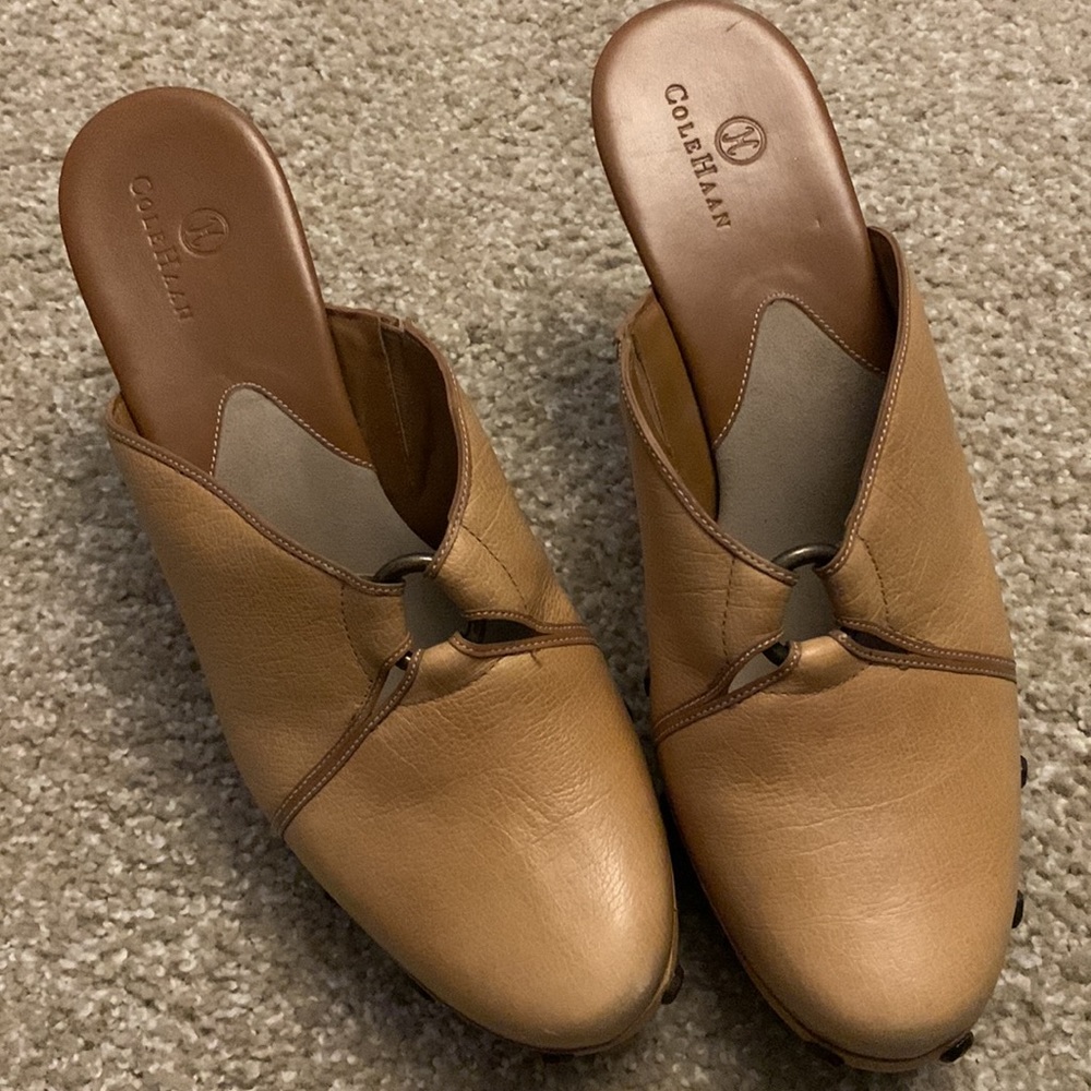 Cole Haan nearly new high heel clogs/Bronze accent